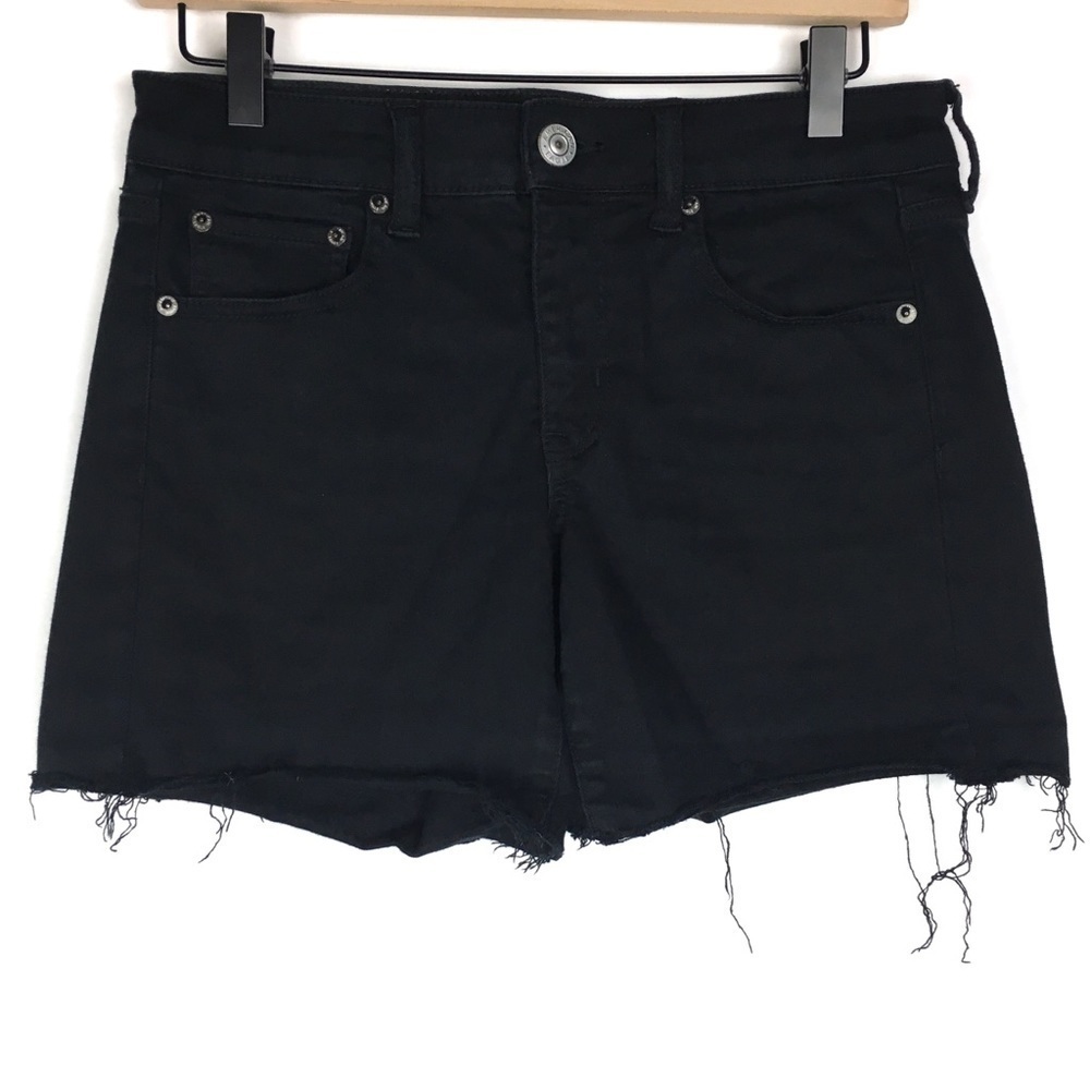 AMERICAN EAGLE Midi Jean Shorts Cut Off Raw Distressed Hem Black Wash Size 4